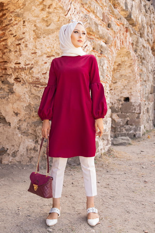 Düz Bisiklet Yaka Kadın Bordo TUNIK - 3026 BORDO
