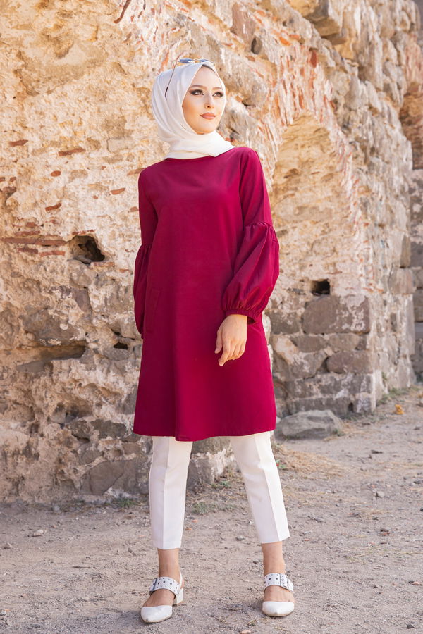 Düz Bisiklet Yaka Kadın Bordo TUNIK - 3026 BORDO