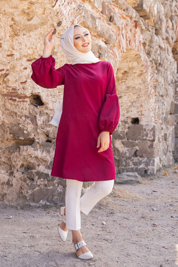 Düz Bisiklet Yaka Kadın Bordo TUNIK - 3026 BORDO