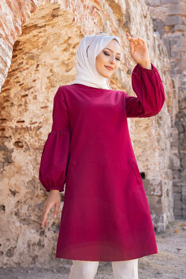 Düz Bisiklet Yaka Kadın Bordo TUNIK - 3026 BORDO
