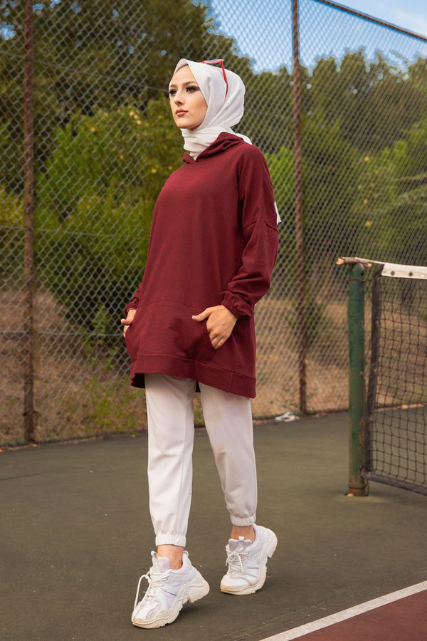 Düz Kapsonlu Yaka Kadın Bordo KAPSONLU SWEAT - 3258 BORDO