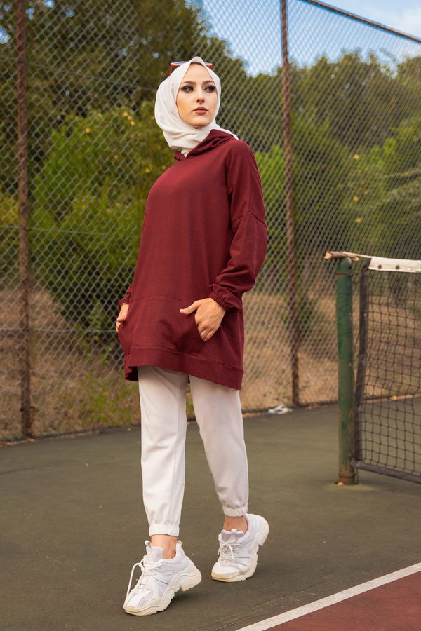 Düz Kapsonlu Yaka Kadın Bordo KAPSONLU SWEAT - 3258 BORDO
