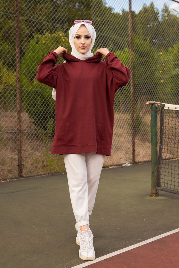 Düz Kapsonlu Yaka Kadın Bordo KAPSONLU SWEAT - 3258 BORDO