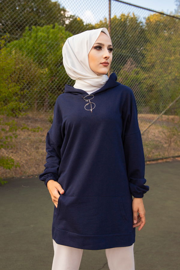 Düz Kapsonlu Yaka Kadın Lacivert KAPSONLU SWEAT - 3258 LACİVERT