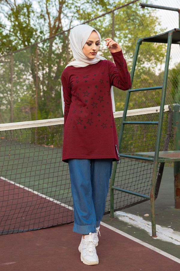 Düz Bisiklet Yaka Kadın Bordo Yıldız Baskılı Tunik - 8385