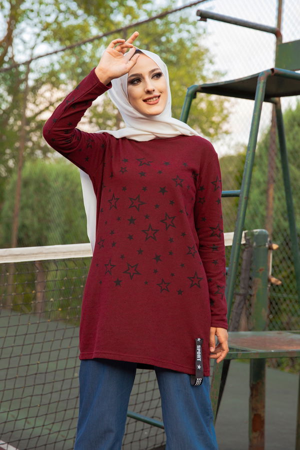 Düz Bisiklet Yaka Kadın Bordo Yıldız Baskılı Tunik - 8385