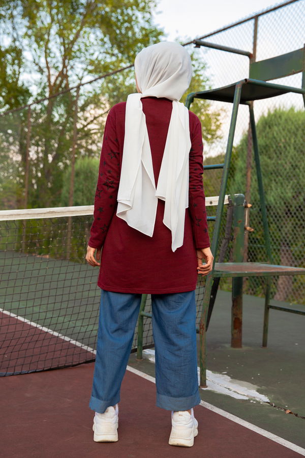 Düz Bisiklet Yaka Kadın Bordo Yıldız Baskılı Tunik - 8385
