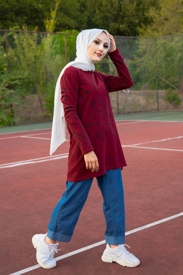 Düz Bisiklet Yaka Kadın Bordo Yıldız Baskılı Tunik - 8385