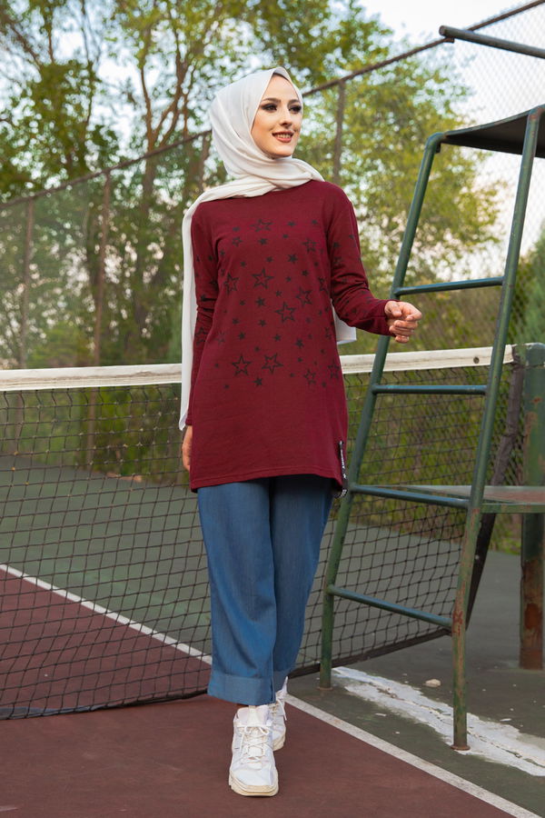 Düz Bisiklet Yaka Kadın Bordo Yıldız Baskılı Tunik - 8385