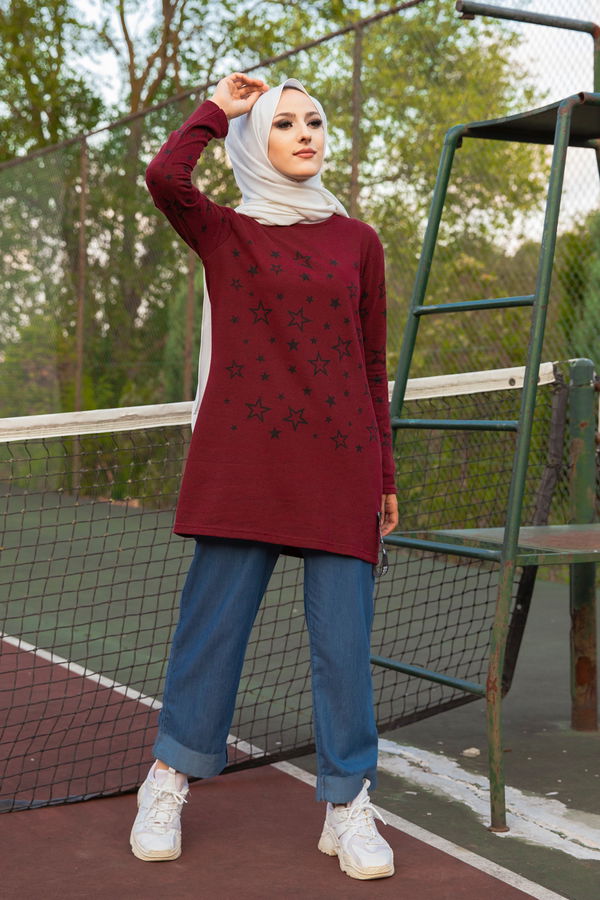 Düz Bisiklet Yaka Kadın Bordo Yıldız Baskılı Tunik - 8385