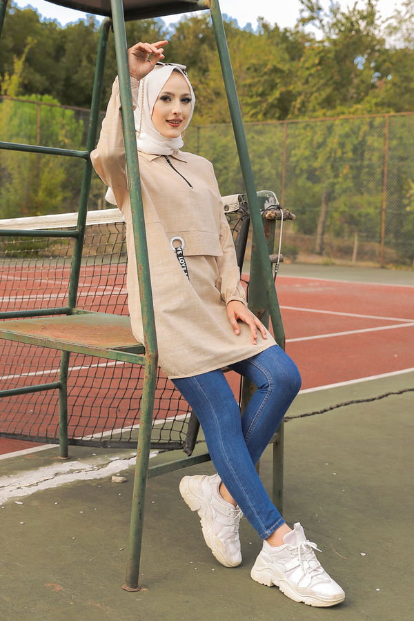 Düz Gömlek Yaka Kadın Bej 3277 TUNIK - 3277 BEJ