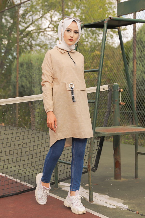 Düz Gömlek Yaka Kadın Bej 3277 TUNIK - 3277 BEJ