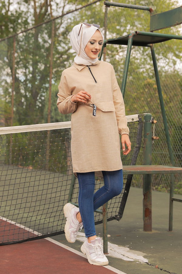 Düz Gömlek Yaka Kadın Bej 3277 TUNIK - 3277 BEJ