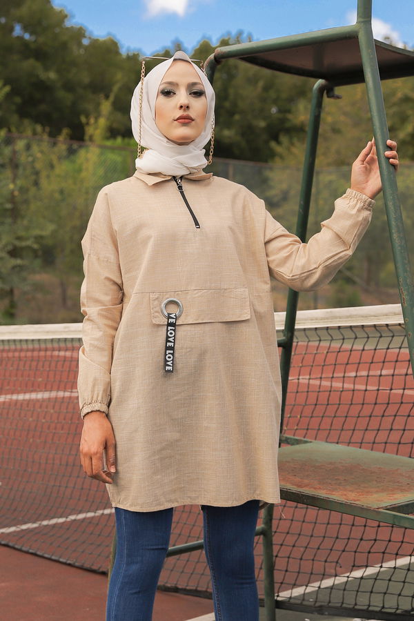 Düz Gömlek Yaka Kadın Bej 3277 TUNIK - 3277 BEJ