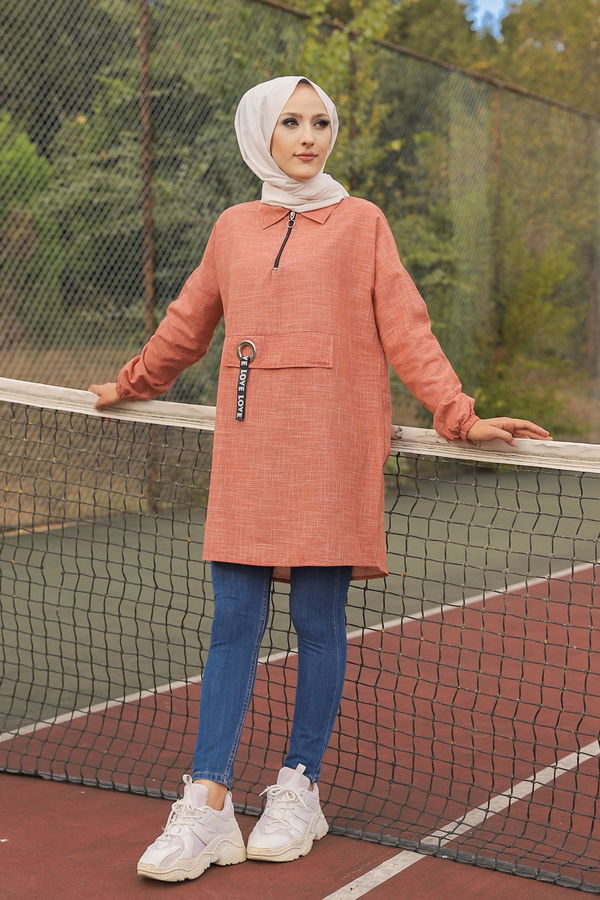 Düz Gömlek Yaka Kadın Kiremit 3277 TUNIK - 3277