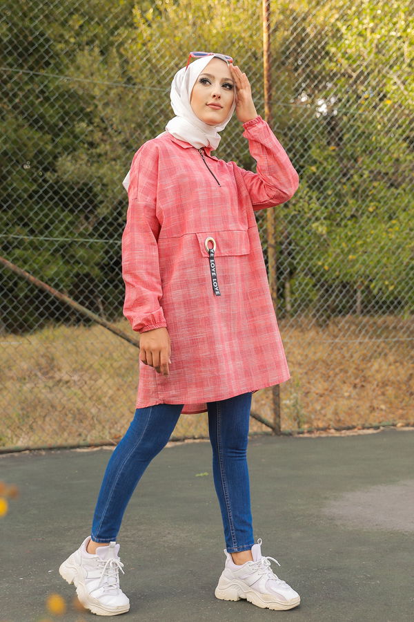 Düz Gömlek Yaka Kadın Kırmızı 3277 TUNIK - 3277 Kırmızı