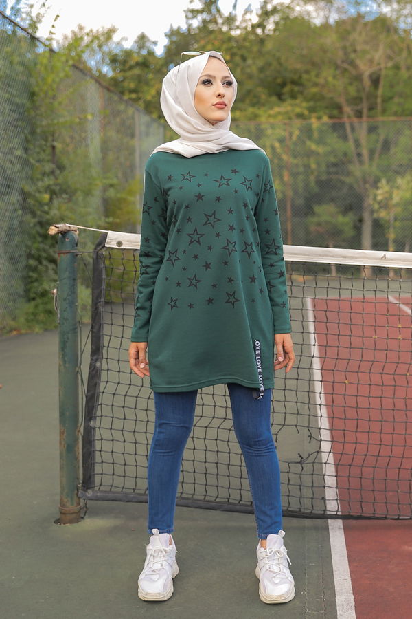Düz Bisiklet Yaka Kadın Yeşil YILDIZ BASKILI TUNIK - 8385 YEŞİL