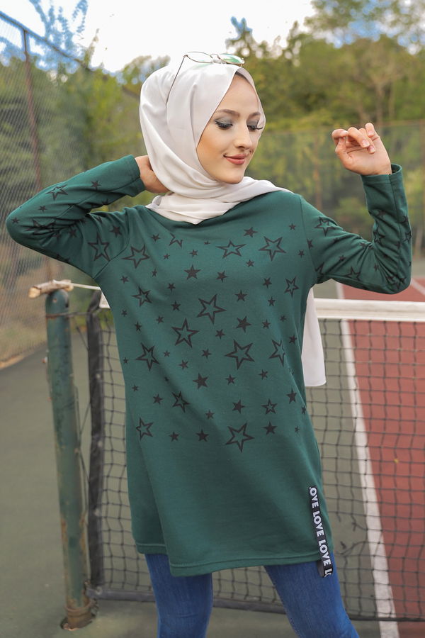 Düz Bisiklet Yaka Kadın Yeşil YILDIZ BASKILI TUNIK - 8385 YEŞİL