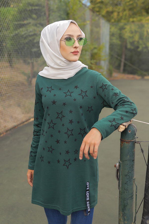 Düz Bisiklet Yaka Kadın Yeşil YILDIZ BASKILI TUNIK - 8385 YEŞİL