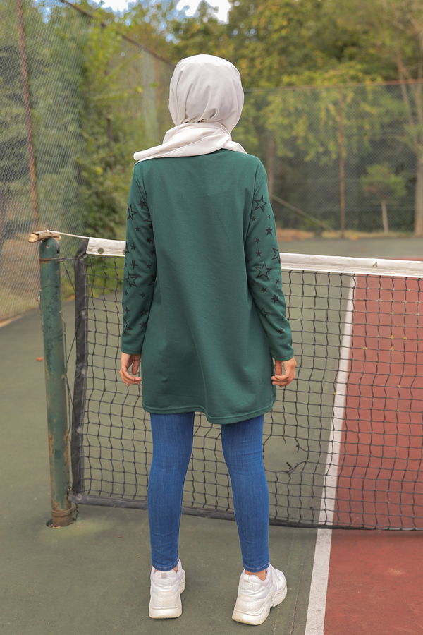 Düz Bisiklet Yaka Kadın Yeşil YILDIZ BASKILI TUNIK - 8385 YEŞİL