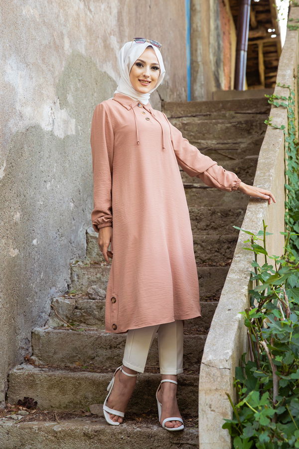 Düz Gömlek Yaka Kadın Vizon Tunik - 3078