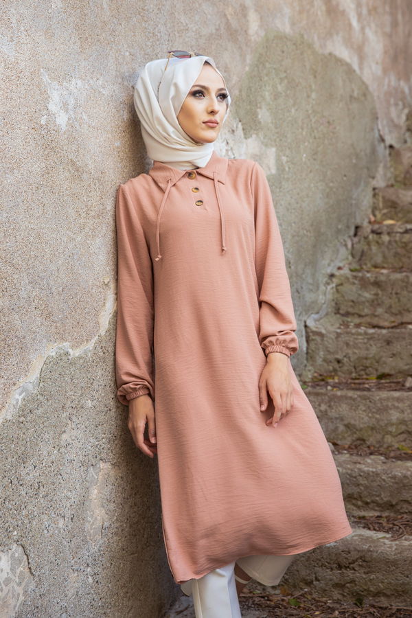 Düz Gömlek Yaka Kadın Vizon Tunik - 3078