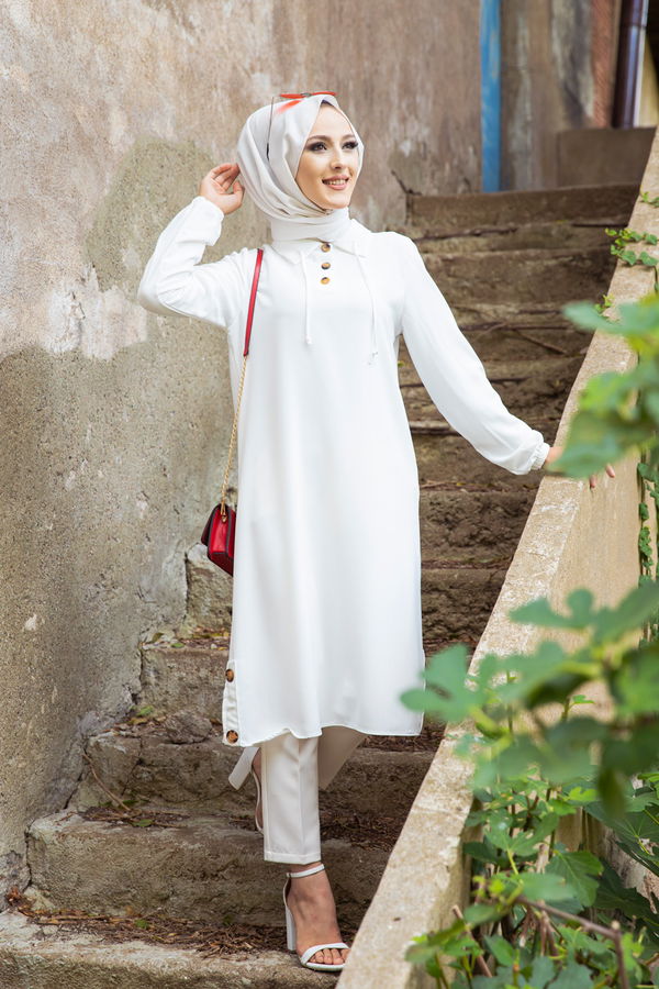 Düz Gömlek Yaka Kadın Beyaz Tunik - 3078 BEYAZ