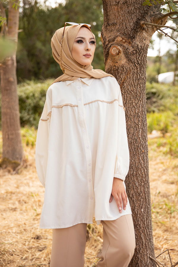 Düz Gömlek Yaka Kadın Bej TUNIK - 3268 BEJ