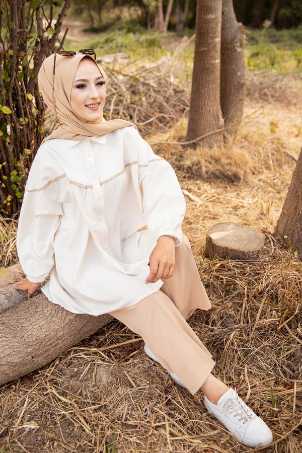 Düz Gömlek Yaka Kadın Bej TUNIK - 3268 BEJ