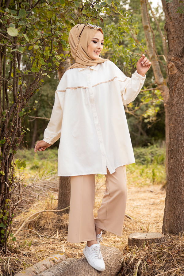 Düz Gömlek Yaka Kadın Bej TUNIK - 3268 BEJ