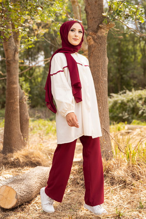 Düz Gömlek Yaka Kadın Bordo TUNIK - 3268