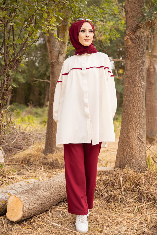 Düz Gömlek Yaka Kadın Bordo TUNIK - 3268