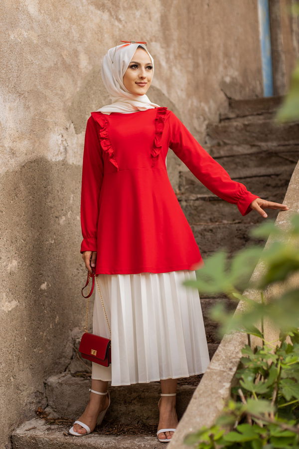Düz Orta Kadın Kırmızı Tunik - 3284 Kırmızı