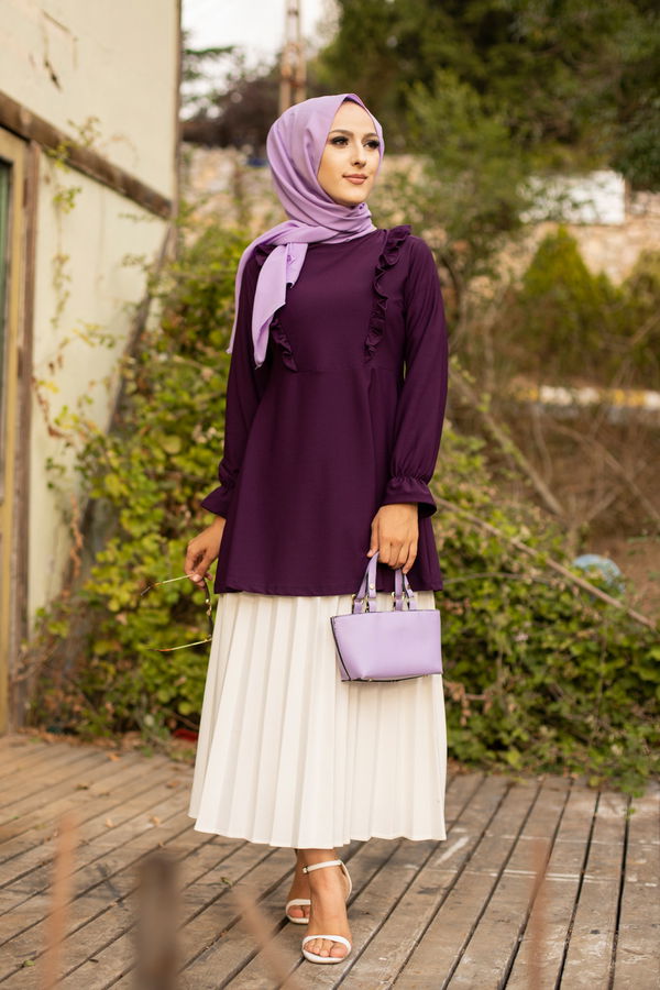 Düz Bisiklet Yaka Kadın Mürdüm TUNIK - 3284