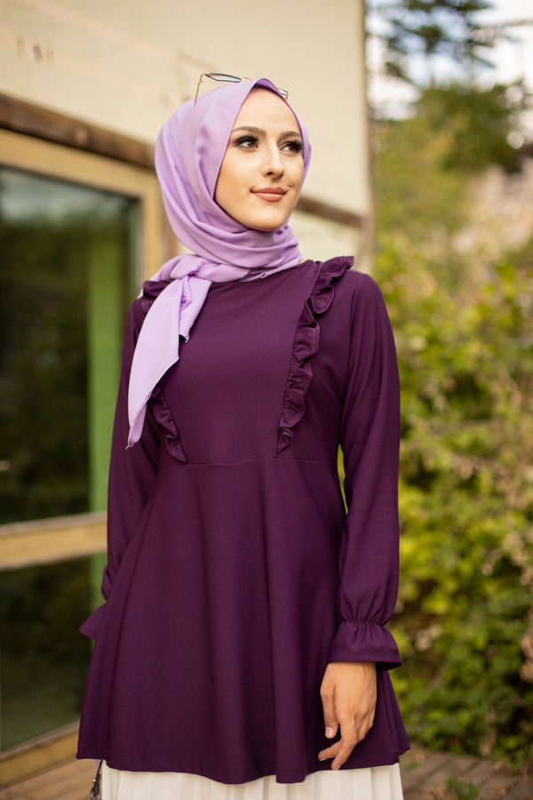 Düz Bisiklet Yaka Kadın Mürdüm TUNIK - 3284