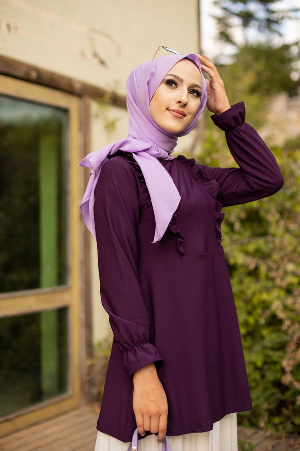 Düz Bisiklet Yaka Kadın Mürdüm TUNIK - 3284