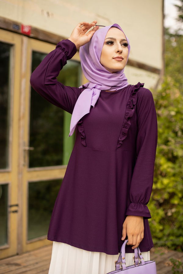 Düz Bisiklet Yaka Kadın Mürdüm TUNIK - 3284