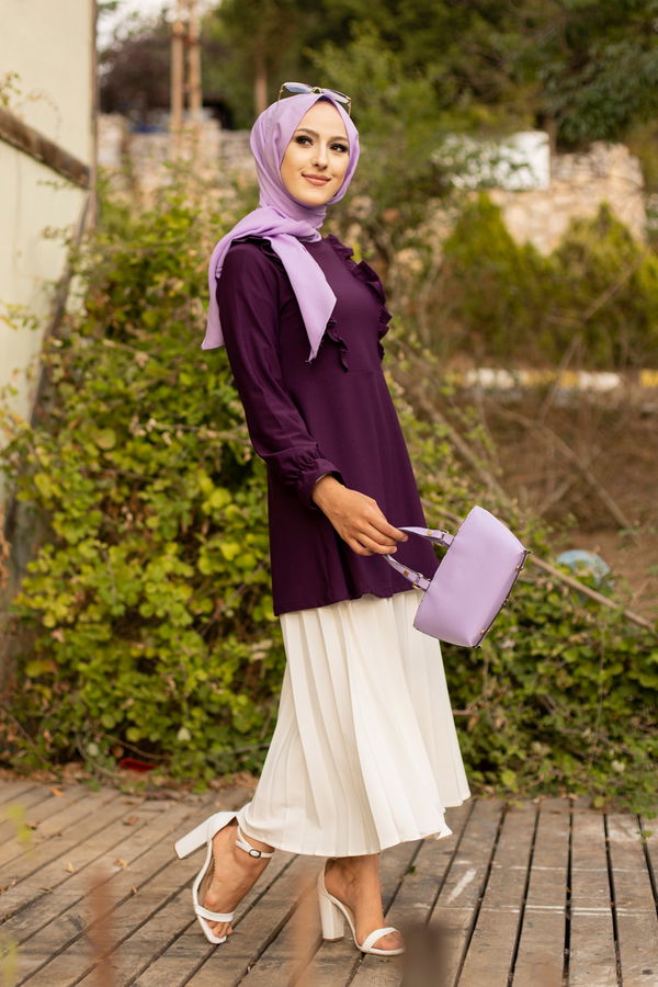 Düz Bisiklet Yaka Kadın Mürdüm TUNIK - 3284