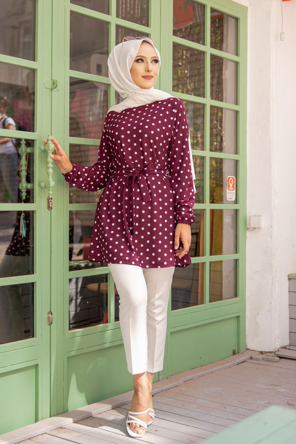 Düz Bisiklet Yaka Kadın Mürdüm 8582 KUSAKLI TUNIK - 8582