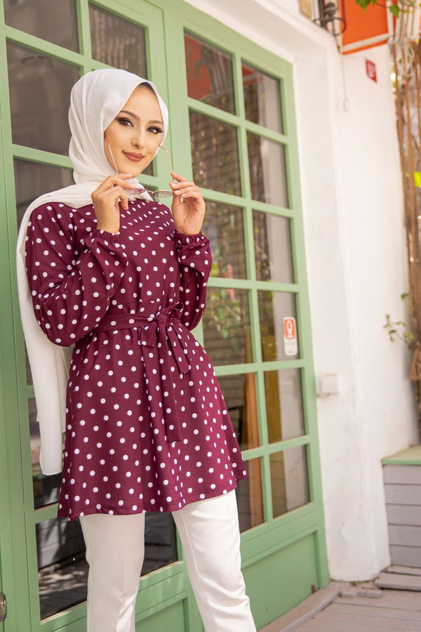 Düz Bisiklet Yaka Kadın Mürdüm 8582 KUSAKLI TUNIK - 8582