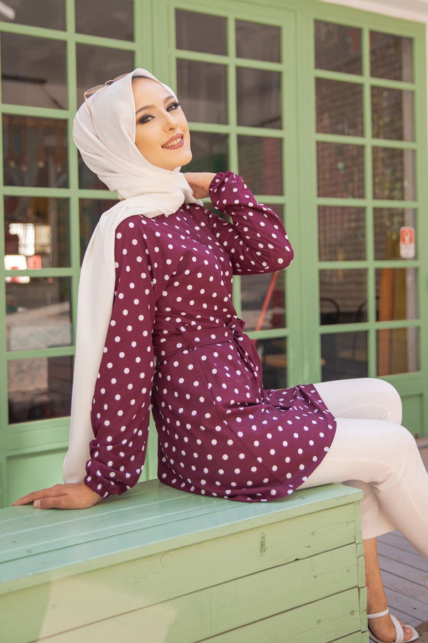 Düz Bisiklet Yaka Kadın Mürdüm 8582 KUSAKLI TUNIK - 8582