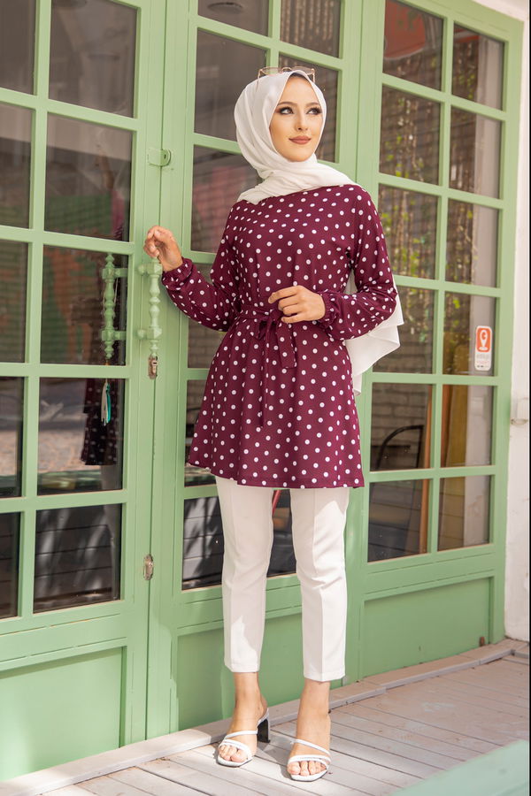 Düz Bisiklet Yaka Kadın Mürdüm 8582 KUSAKLI TUNIK - 8582