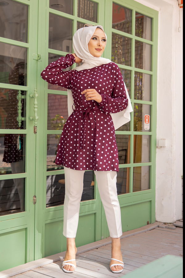 Düz Bisiklet Yaka Kadın Mürdüm 8582 KUSAKLI TUNIK - 8582