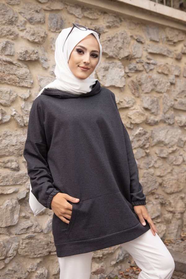 Düz Kapsonlu Yaka Kadın Antrasit KAPSONLU SWEAT - 3293