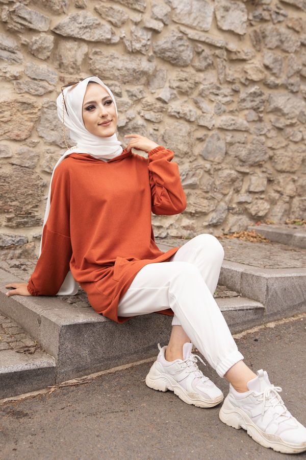 Düz Kapsonlu Yaka Kadın Kiremit KAPSONLU SWEAT - 3293 KİREMİT