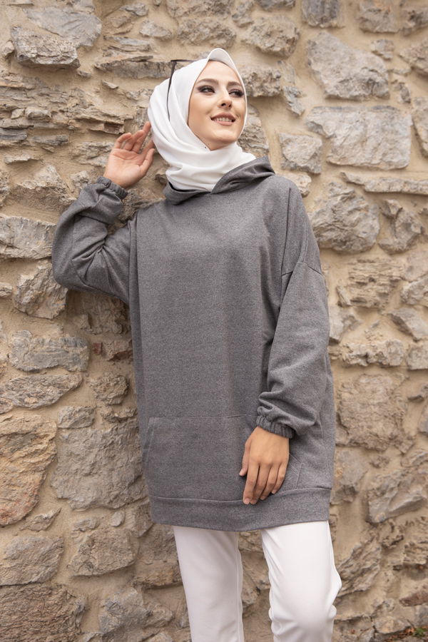 Düz Kapsonlu Yaka Kadın Gri KAPSONLU SWEAT - 3293 GRİ