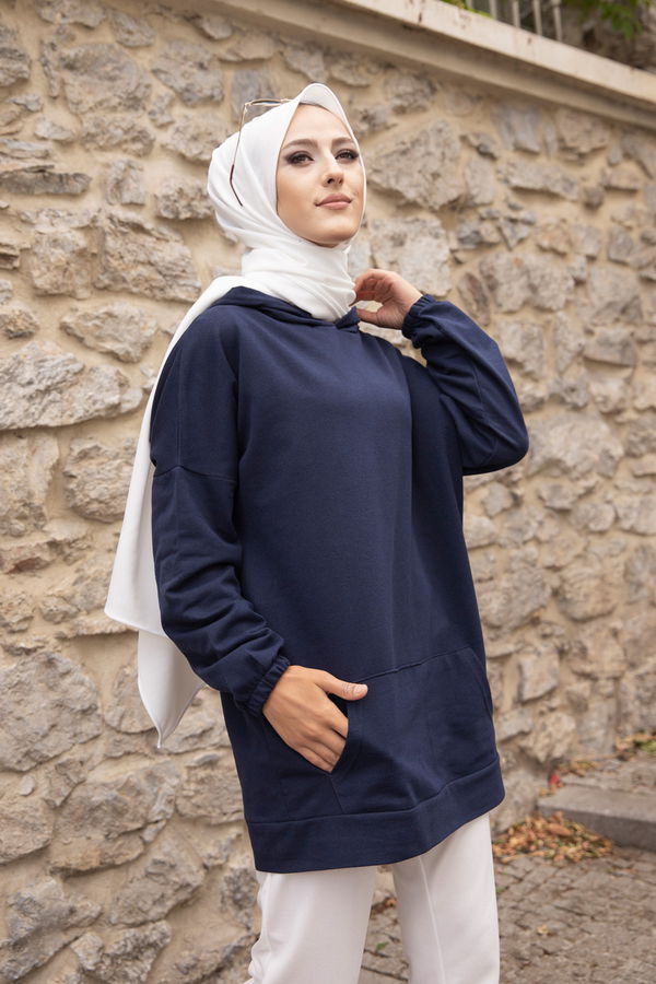 Düz Kapsonlu Yaka Kadın Lacivert KAPSONLU SWEAT - 3293