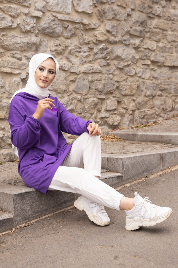 Düz Kapsonlu Yaka Kadın Mor KAPSONLU SWEAT - 3293 MOR