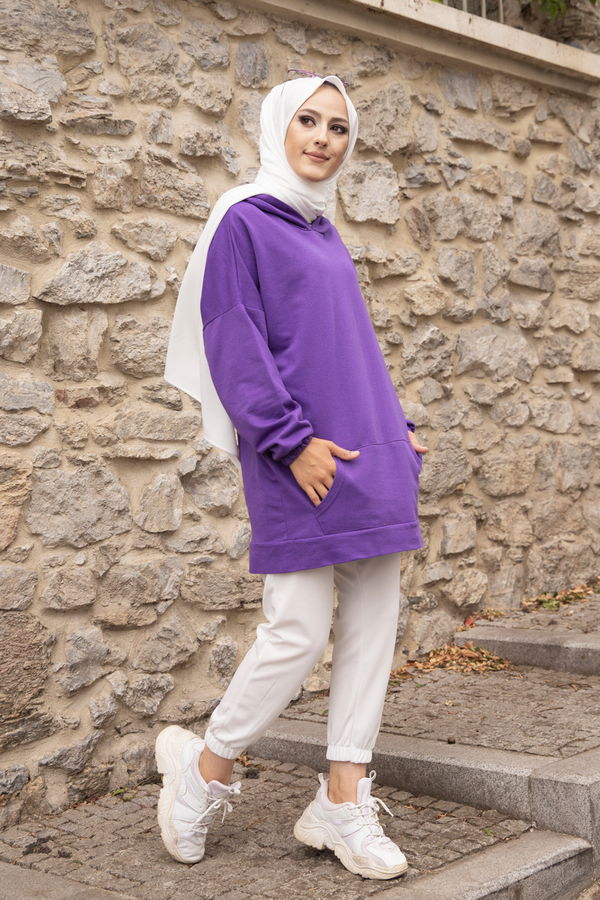 Düz Kapsonlu Yaka Kadın Mor KAPSONLU SWEAT - 3293 MOR