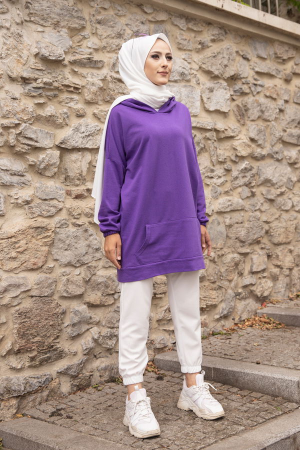 Düz Kapsonlu Yaka Kadın Mor KAPSONLU SWEAT - 3293 MOR